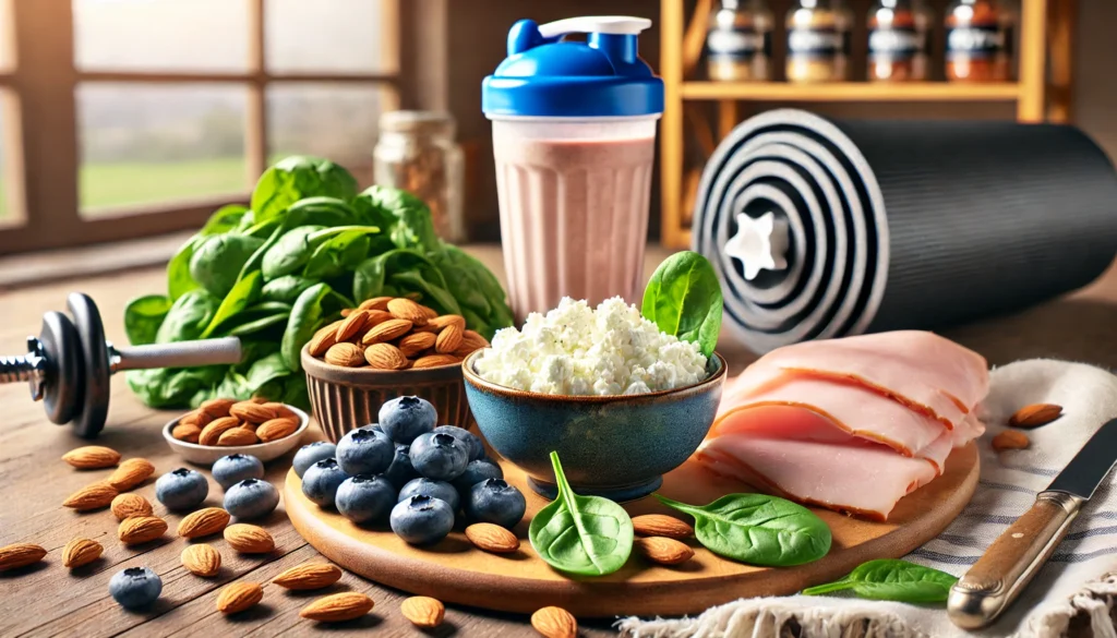 A composition of essential post-workout recovery foods, including cottage cheese, almonds, spinach, blueberries, and lean turkey. The background features a protein shake, gym gear, and a well-lit kitchen counter, representing a healthy and active lifestyle.