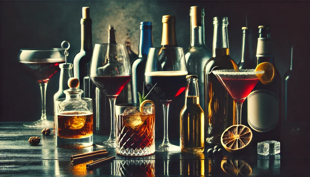 A dramatic still life of alcoholic beverages, including wine, beer, and cocktails, arranged on a dark wooden bar counter, with dim lighting enhancing the rich colors and reflections in the glassware.