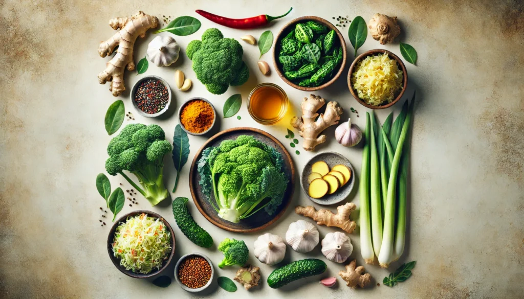 A top-down view of antifungal foods that help eliminate mold in the body, featuring garlic, turmeric slices, ginger root, broccoli, kale, sauerkraut, and a small dish of apple cider vinegar. The neutral-toned background and soft natural lighting enhance the textures and colors.