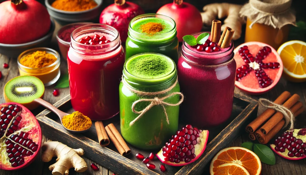 A close-up of antioxidant-rich drinks in glass jars, featuring deep red pomegranate juice, vibrant green matcha smoothie, golden turmeric latte, and purple acai smoothie. The jars rest on a rustic wooden tray, accompanied by fresh fruits, ginger, and cinnamon sticks.