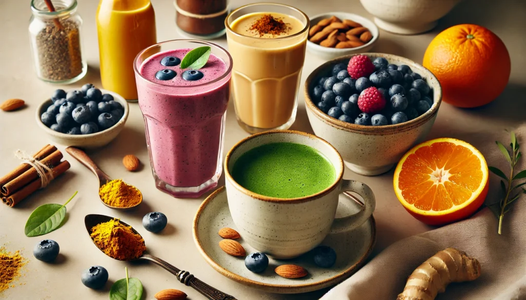 A beautifully styled breakfast table featuring antioxidant drinks, including green tea in a glass cup, a berry smoothie in a tall glass, and golden turmeric milk in a ceramic mug. The setup includes fresh blueberries, sliced oranges, and almonds on a neutral-toned tablecloth.