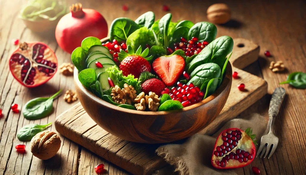 A beautifully arranged bowl featuring fresh strawberries, pomegranate seeds, walnuts, and dark leafy greens, placed on a rustic wooden table with soft, natural lighting enhancing the vibrant colors.