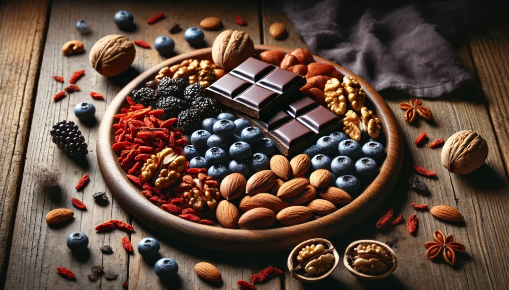 A wooden platter displaying a variety of antioxidant-rich foods, including dark chocolate pieces, walnuts, almonds, blueberries, and dried goji berries. The platter rests on a dark rustic table with a few scattered nuts and berries around. Soft, moody lighting highlights the rich textures and colors of the ingredients, creating a wholesome and nutritious feel.