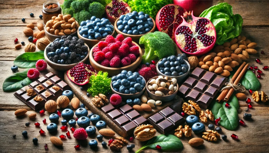 A vibrant display of antioxidant-rich foods arranged on a rustic wooden surface, including blueberries, raspberries, pomegranate seeds, dark chocolate, nuts, and leafy greens. Natural lighting enhances the rich colors and textures of these powerful anti-inflammatory foods.