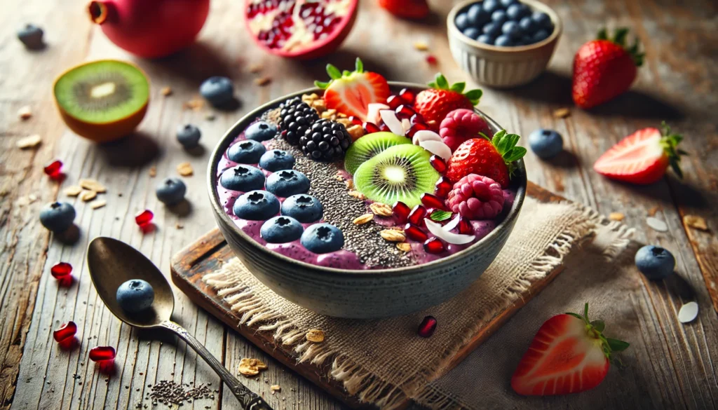 A nutrient-packed smoothie bowl filled with antioxidant-rich fruits, including blueberries, kiwi slices, strawberries, and pomegranate seeds. The bowl is topped with chia seeds, granola, and coconut flakes, sitting on a textured wooden table with a spoon and fresh fruit scattered around. Soft natural lighting enhances the colors and textures.