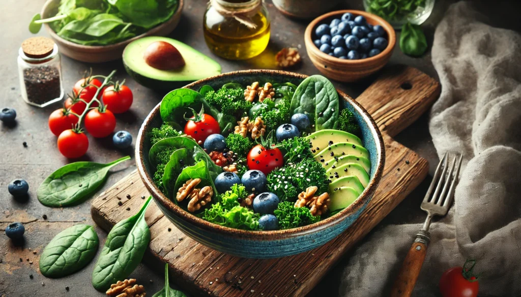 A fresh and colorful salad in a ceramic bowl, featuring antioxidant-rich ingredients like spinach, kale, cherry tomatoes, blueberries, walnuts, and avocado slices. The salad is garnished with sesame seeds and drizzled with olive oil. It sits on a rustic wooden table with scattered fresh ingredients around, illuminated by soft natural lighting that enhances the vibrancy of the greens and reds.