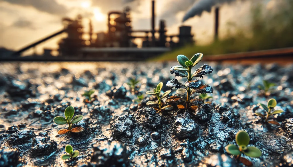 A close-up of contaminated soil with small, discolored plants struggling to grow. The soil has an unusual metallic sheen, with dark patches indicating arsenic pollution. A blurred industrial background with smokestacks enhances the environmental hazard theme.