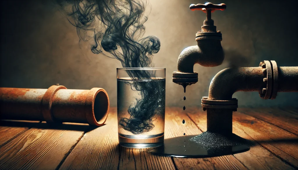 A conceptual image of arsenic contamination in drinking water. A glass of clear water sits on a wooden table, but a shadowy, toxic-looking substance swirls inside. An old, corroded metal pipe leaks dark liquid beside the glass. The dimly lit background enhances the hazardous atmosphere.