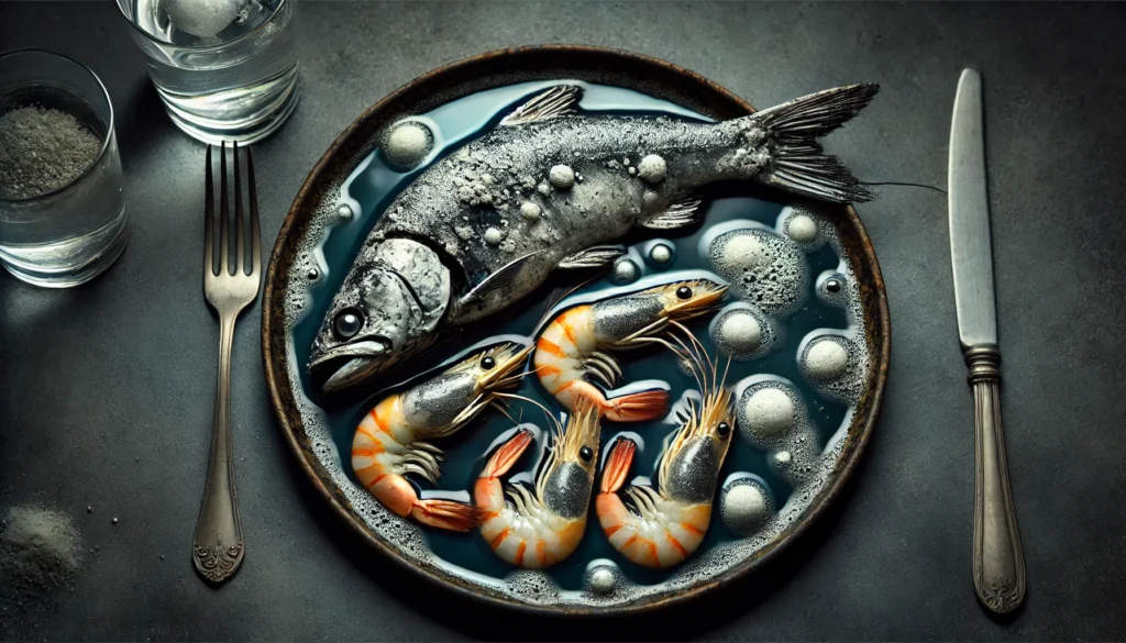 A toxic-looking plate of seafood, including shrimp and fish, with a strange metallic sheen on their surfaces. The seafood is arranged on a dark, worn-out plate with a subtle, eerie glow. The dimly lit background adds to the unsettling nature of arsenic contamination.