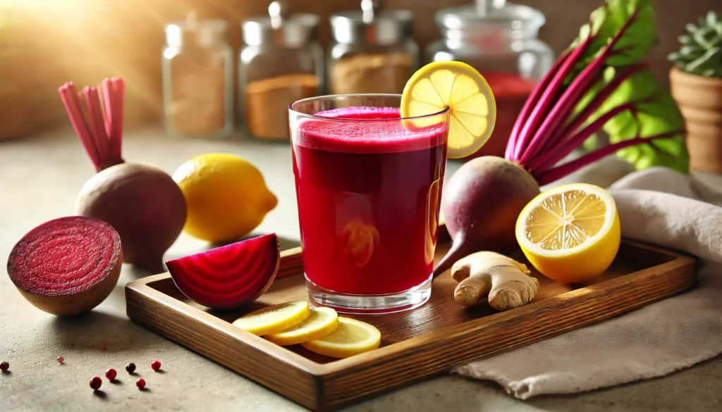 A vibrant red beetroot and ginger detox juice in a clear glass, placed on a wooden tray with fresh beets, ginger, and lemon slices beside it. The juice has a deep, rich color, and the scene is illuminated by soft, natural lighting. A blurred kitchen background enhances the warm and wholesome aesthetic.