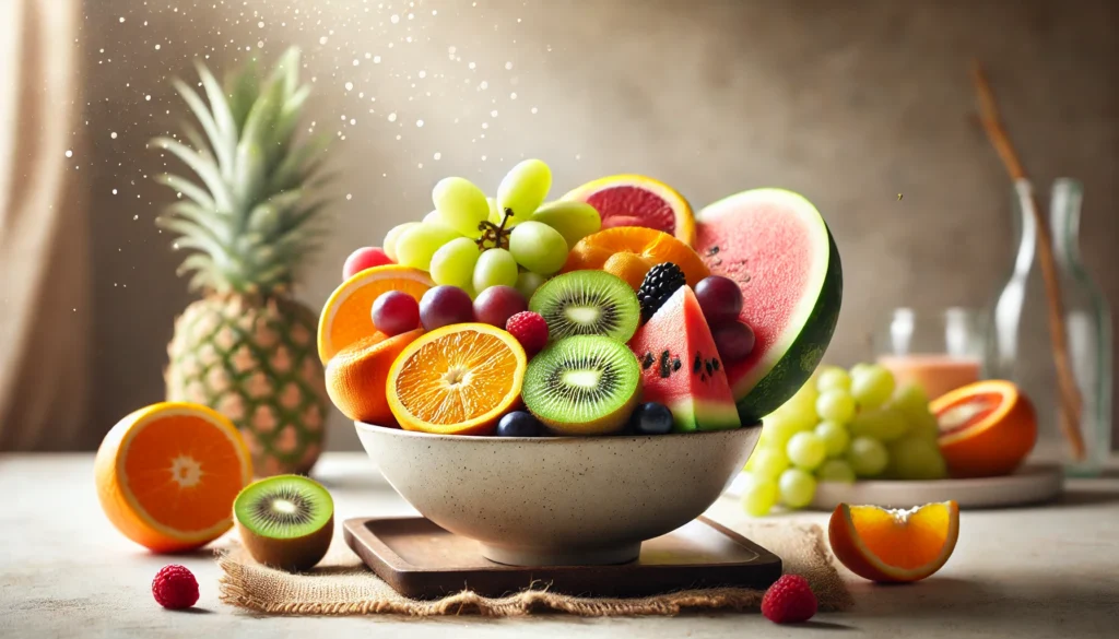 A beautifully arranged bowl of mixed fruits that are beneficial for clear skin, including kiwi slices, oranges, watermelon, papaya, and grapes. The fruits are fresh and glistening under soft natural lighting, creating an inviting and healthy display.