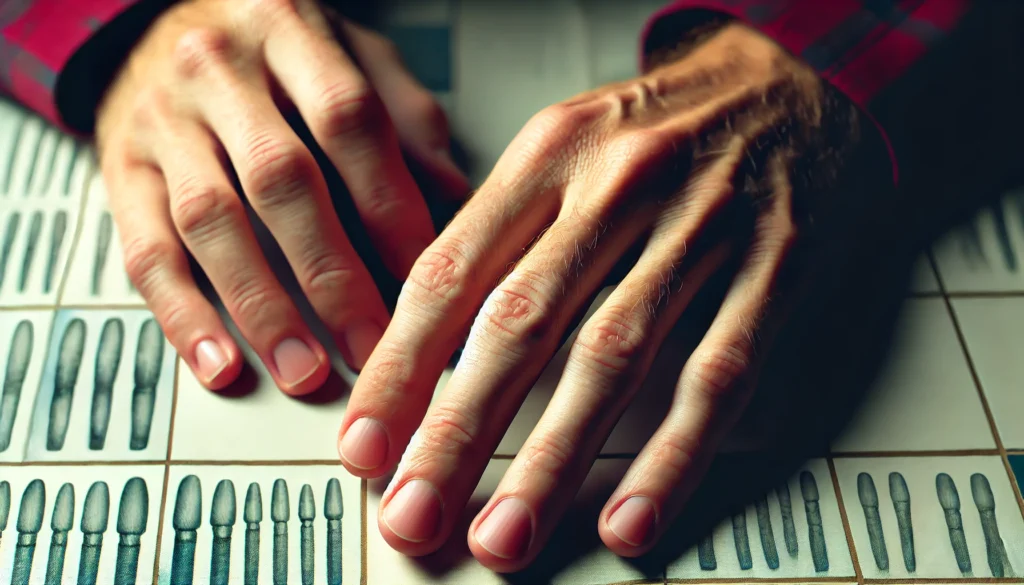 A set of hands resting on a table, displaying fingernails affected by arsenic poisoning. The nails are brittle, slightly thickened, and feature white transverse lines (Mees' lines). Soft lighting casts shadows that emphasize the nail condition, with a blurred background keeping the focus on the hands.