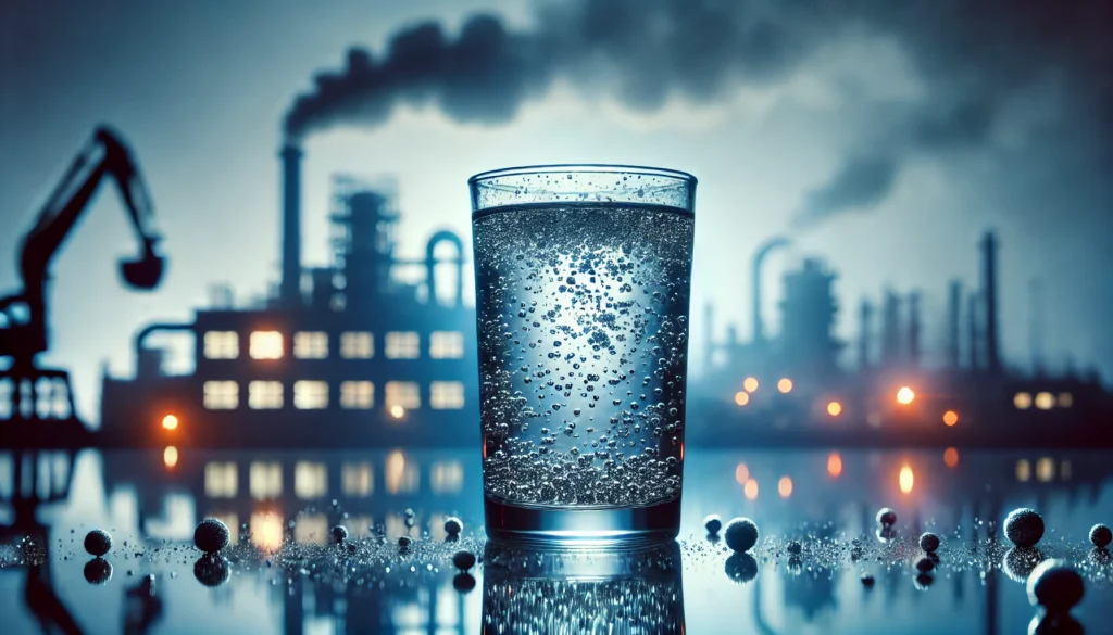 A glass of drinking water with a faint metallic shimmer, representing cadmium pollution. Tiny metallic particles float inside, while an industrial factory in the background emits fumes, hinting at environmental contamination. The cool-toned lighting enhances the sense of health risk.