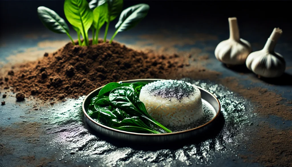 A plate of rice and leafy greens with a subtle metallic residue, symbolizing cadmium contamination in food. In the background, soil and water appear tainted, representing agricultural exposure. The lighting is moody, emphasizing the health risks of heavy metal ingestion.