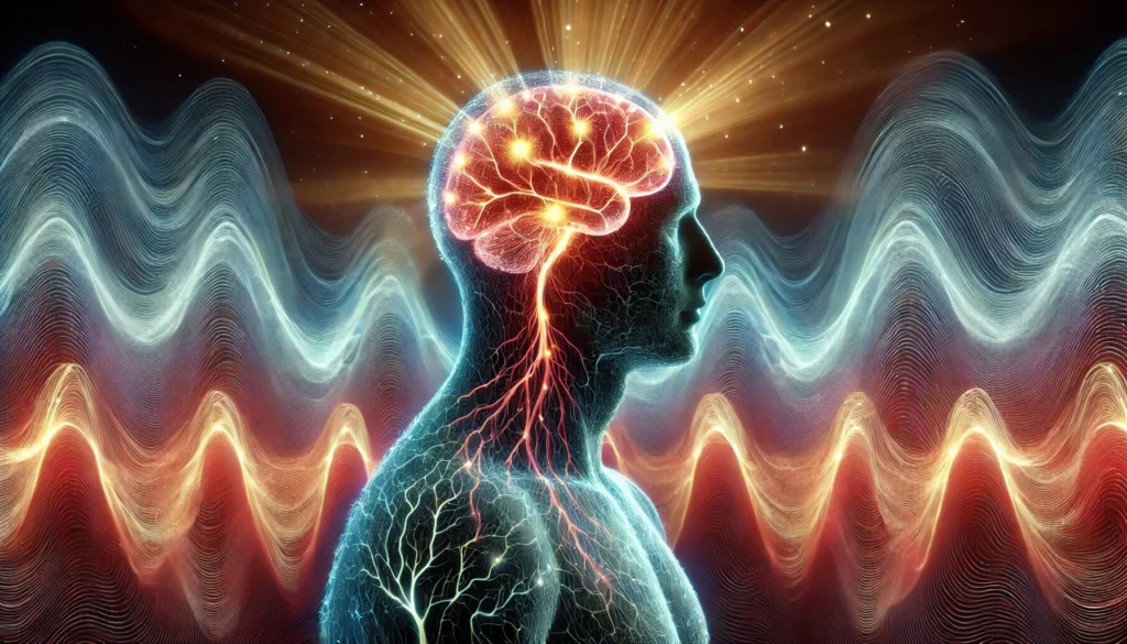 Can Detoxing Make You Sick? A surreal depiction of the neurological side effects of detoxing, featuring a glowing brain with electric currents running through neural pathways, surrounded by abstract waves of energy indicating overstimulation and imbalance.