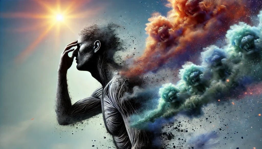 Can Detoxing Make You Sick? A fatigued person is shown in a symbolic representation of detoxification, surrounded by a dark, smoky aura dissipating into the air. The background shifts from gloom to brightness, signifying both the struggle and eventual relief of detoxing.