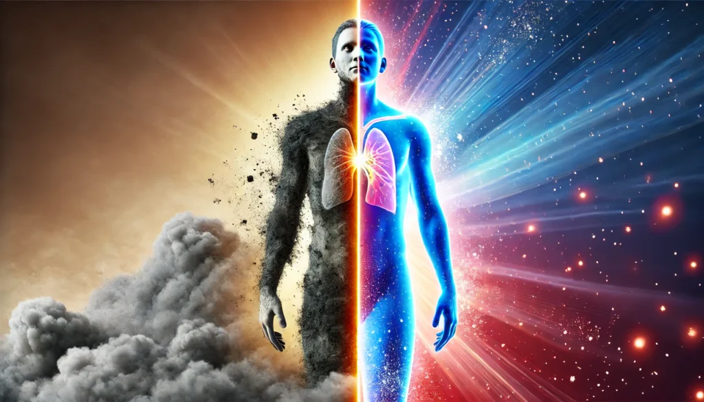 Can Detoxing Make You Sick? A powerful symbolic image of the body's reaction to detox, showing a person with one side appearing sickly and fatigued while the other half glows with vitality, illustrating the contrast between toxin overload and cleansing recovery.