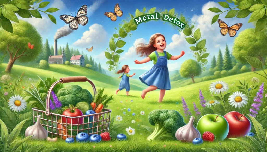 A joyful child playing in a lush green meadow with butterflies and fresh air, symbolizing a toxin-free lifestyle. A basket of detox-friendly fruits and vegetables like blueberries, broccoli, and garlic sits nearby, representing natural metal detoxification and overall health.