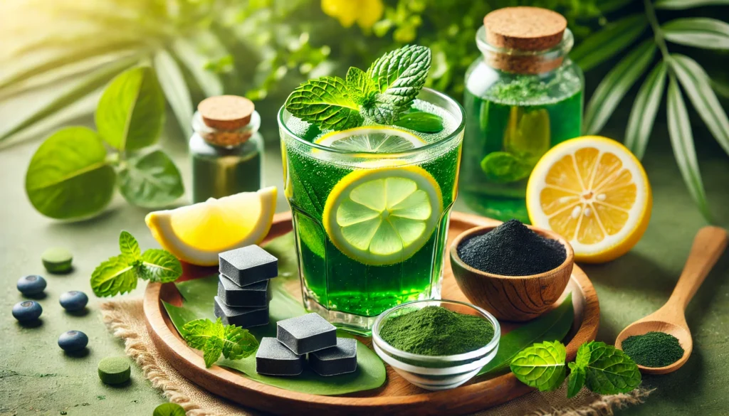 A refreshing glass of chlorophyll water with floating mint leaves and lemon slices, surrounded by spirulina tablets, seaweed, and activated charcoal powder in a small wooden dish. The background features lush green foliage, symbolizing purity and detoxification.