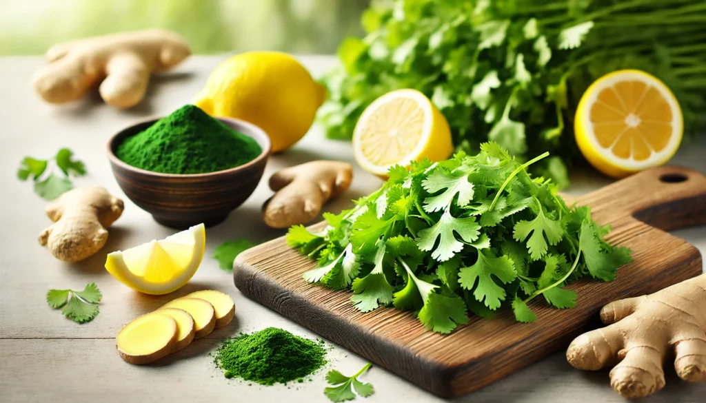 A close-up of a wooden cutting board with freshly chopped cilantro leaves, ready for use in detox recipes. Nearby are lemon wedges, ginger slices, and a small bowl of spirulina powder, symbolizing a natural approach to heavy metal detox. The softly blurred background enhances the fresh and organic atmosphere.