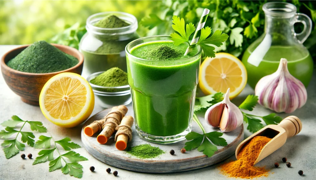 A refreshing green detox smoothie in a glass, garnished with fresh cilantro leaves. Surrounding it are detoxifying ingredients such as chlorella powder, turmeric root, lemon slices, and garlic. The bright and natural background evokes a sense of health and cleansing.