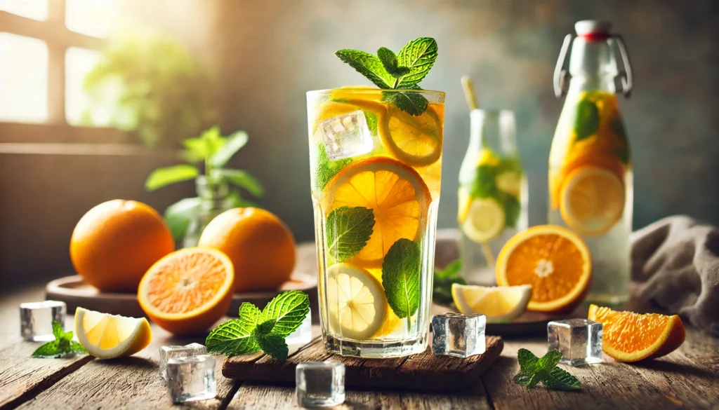 A tall glass of detox drink infused with fresh slices of orange, lemon, and mint leaves on a rustic wooden table. Ice cubes float in the drink, enhancing its refreshing appeal. Whole citrus fruits and fresh mint sprigs surround the glass, with natural light streaming in from the softly blurred background.