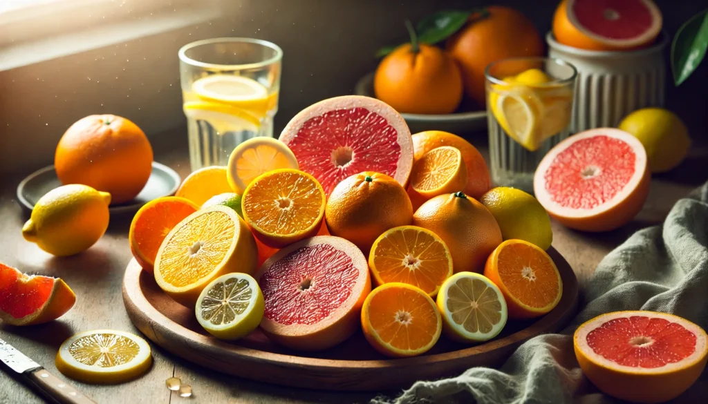 A plate of fresh citrus fruits, including oranges, lemons, and grapefruits, arranged on a wooden cutting board. Some fruits are sliced open to reveal their juicy interiors, and a glass of citrus-infused water sits beside them. Soft natural light enhances the hydrating and detoxifying qualities of the fruits.