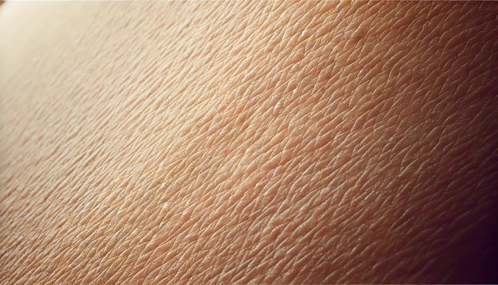 A close-up of human skin with mild dryness and sensitivity, showcasing a slightly rough texture with subtle redness. The soft lighting highlights the natural texture without exaggeration.