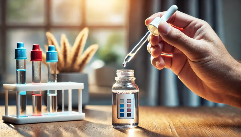 A close-up of a hand using a home heavy metal testing kit on a water sample. A dropper releases liquid into a test vial, triggering a visible color reaction, with a softly blurred home background.