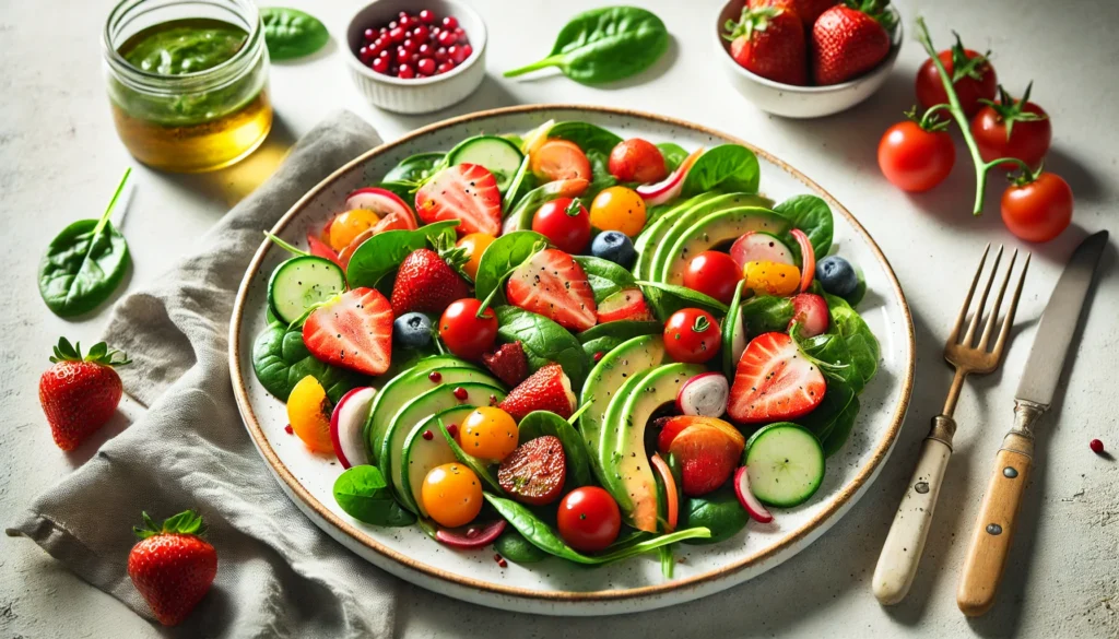 A beautifully plated salad featuring spinach, cherry tomatoes, cucumbers, avocado slices, and strawberries, lightly dressed and set on a clean, neutral background with bright natural lighting.