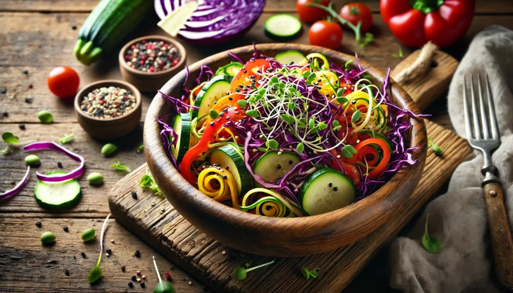 A wooden bowl filled with a colorful raw detox salad, featuring shredded purple cabbage, spiralized zucchini, sliced bell peppers, and sprouts. The salad is garnished with sesame seeds and a light drizzle of olive oil. It sits on a rustic wooden table with fresh ingredients scattered around, illuminated by natural lighting that highlights its vibrant textures and colors.