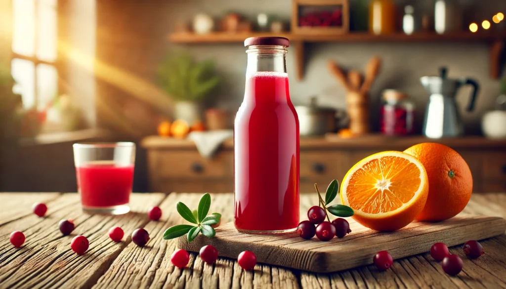 A bottle of cranberry detox juice with a glass beside it, placed on a rustic wooden table. Fresh cranberries and sliced oranges are scattered around. The juice has a rich red color, and the setting is bathed in warm natural light, with a softly blurred kitchen interior in the background.