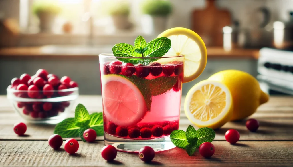 A detox drink made with cranberry juice, lemon slices, and mint leaves in a clear glass, placed on a wooden table. Fresh cranberries, a sliced lemon, and a sprig of mint surround the drink. Soft natural lighting enhances the refreshing and cleansing nature, with a blurred kitchen background.