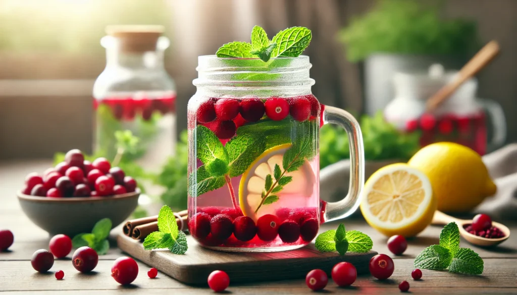 A cranberry and herbal detox infusion in a glass jar, with floating cranberry fruits, fresh mint, and lemon slices. The jar is placed on a wooden countertop with scattered cranberries and herbs. Soft natural lighting creates a refreshing and cleansing atmosphere, with a blurred indoor setting in the background.