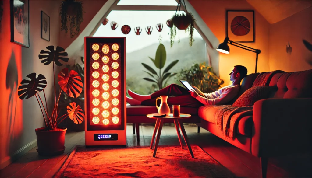 A person resting in a cozy home setting while using a red light LED light for muscle recovery. The soft red glow highlights a sense of relaxation and well-being, showing how everyday individuals incorporate red light therapy into their recovery routines