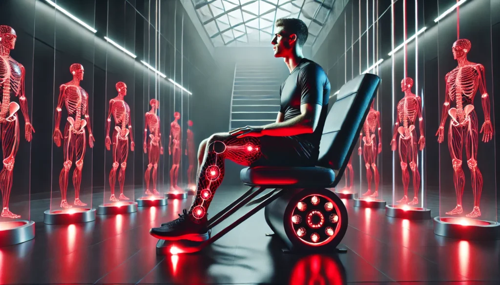 A professional athlete receiving red light therapy in a modern sports rehabilitation facility. The athlete is surrounded by strategically placed red light LED lights, illustrating the use of cutting-edge technology for faster muscle recovery and enhanced athletic performance.