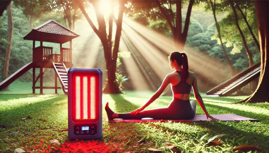 A person stretching outdoors while using a portable red light therapy device. The serene natural background blends technology with nature, emphasizing a balanced and healthy lifestyle that supports recovery and performance optimization