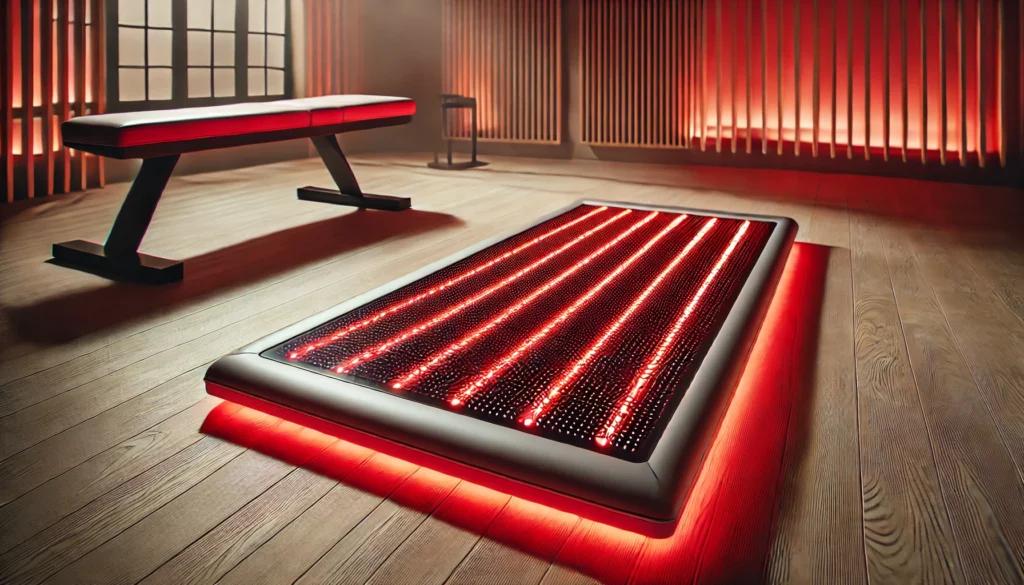 A close-up of a red light therapy mat glowing with infrared light in a modern home gym. The mat is unoccupied, showcasing its sleek design and cutting-edge technology. Various fitness and recovery equipment are visible in the background.