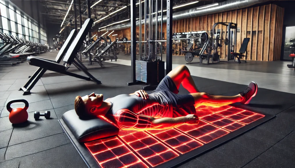 A fitness enthusiast using a red light therapy mat after an intense workout in a high-end gym. The person is lying relaxed on the mat while the red light enhances muscle recovery. The gym has an advanced, clean, and modern aesthetic.