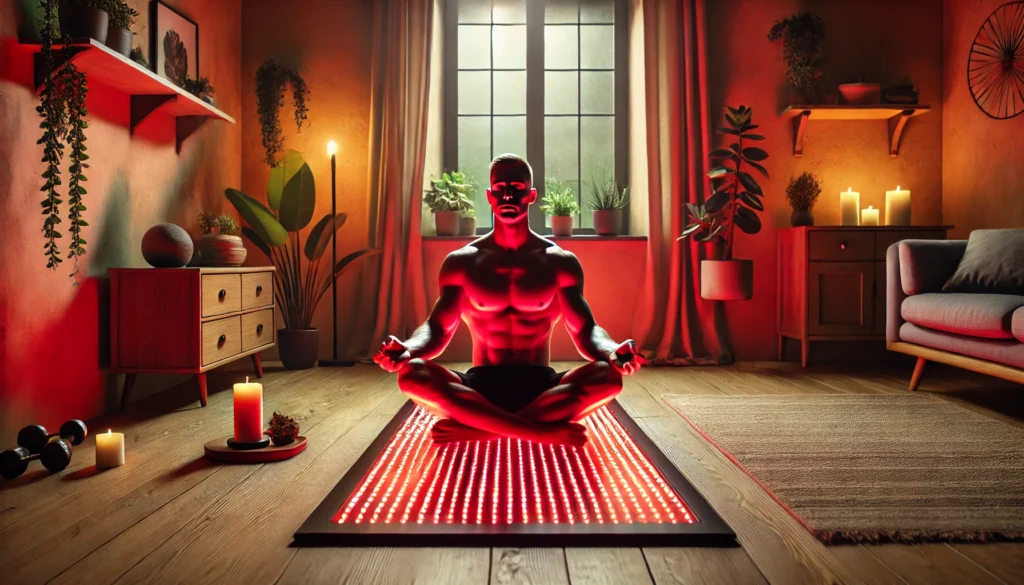 An athlete meditating on a red light therapy mat in a serene home environment. The mat emits a soft red glow, creating a relaxing ambiance. The wellness-focused room includes yoga accessories, plants, and warm lighting.