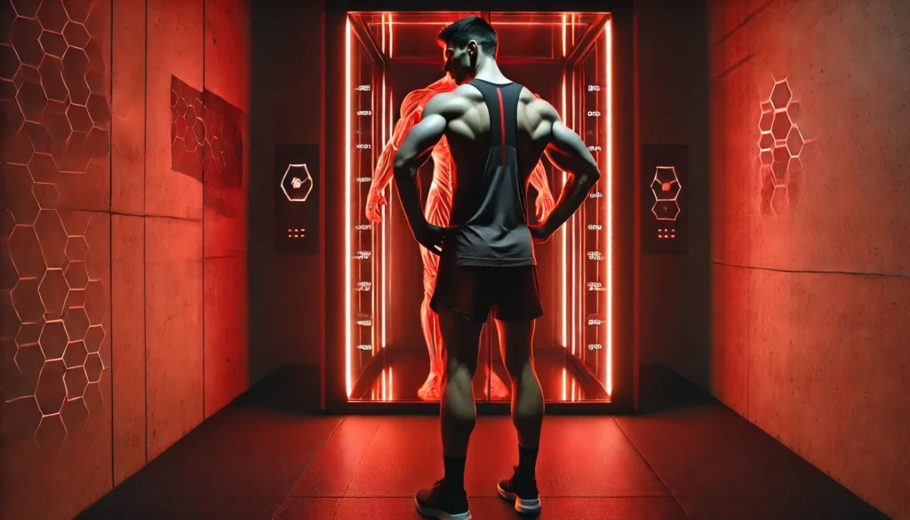 A strong, muscular runner in a futuristic training facility, standing before a large red light therapy panel that enhances muscle recovery, with a sleek, high-tech ambiance and glowing red lighting.