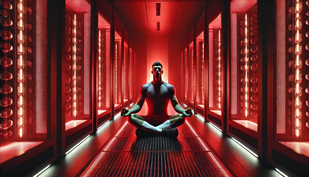 An elite athlete meditating in a futuristic sports recovery room, bathed in a calming red light therapy glow, emphasizing both mental and physical rejuvenation in a high-tech wellness environment.