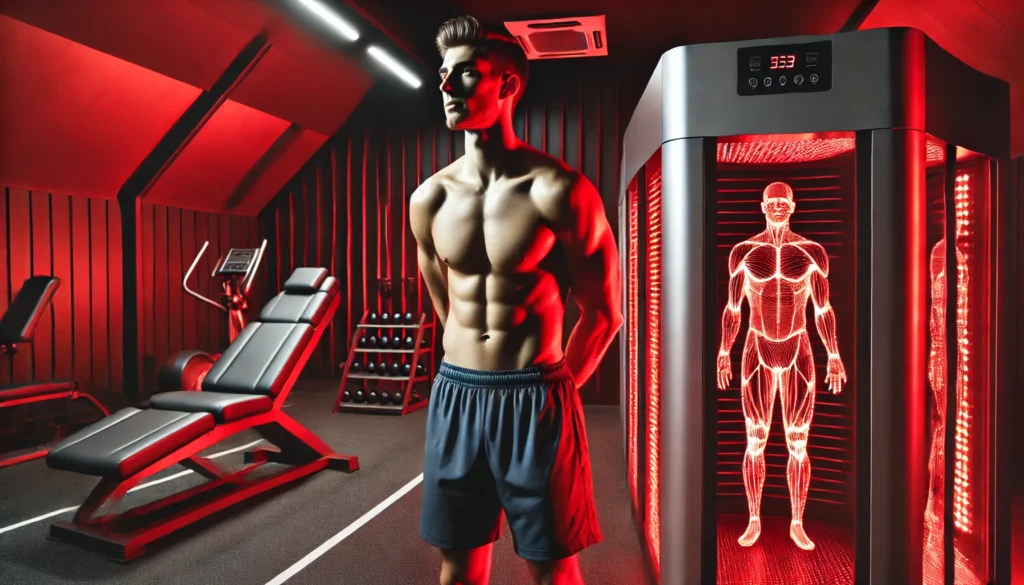 A professional athlete undergoing full-body red light therapy in a high-tech sports recovery room. The red light bathes the body, highlighting muscle relaxation and post-workout rejuvenation in a modern fitness environment.