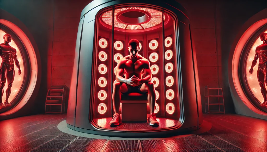 An athlete sitting inside a futuristic red light therapy chamber, recovering after an intense workout. The red light enhances circulation and muscle relaxation, set in a high-end sports therapy facility with cutting-edge equipment.