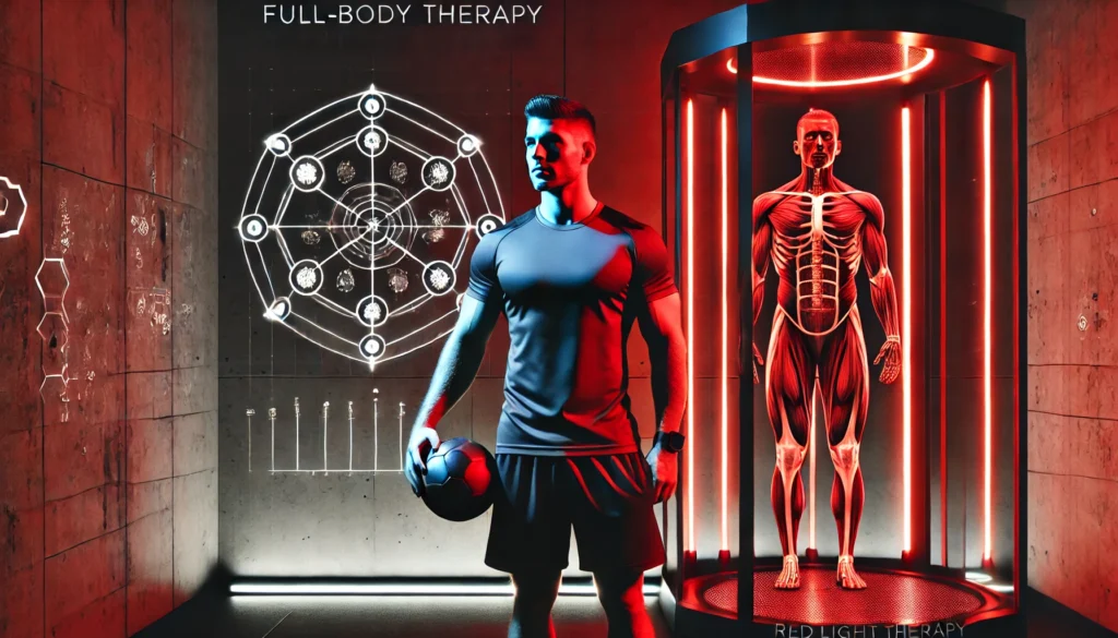 A high-performance athlete standing confidently after a full-body red light therapy session. Muscles appear well-defined and recovered in a sleek, modern red light therapy room, symbolizing the benefits of athletic recovery and regeneration.