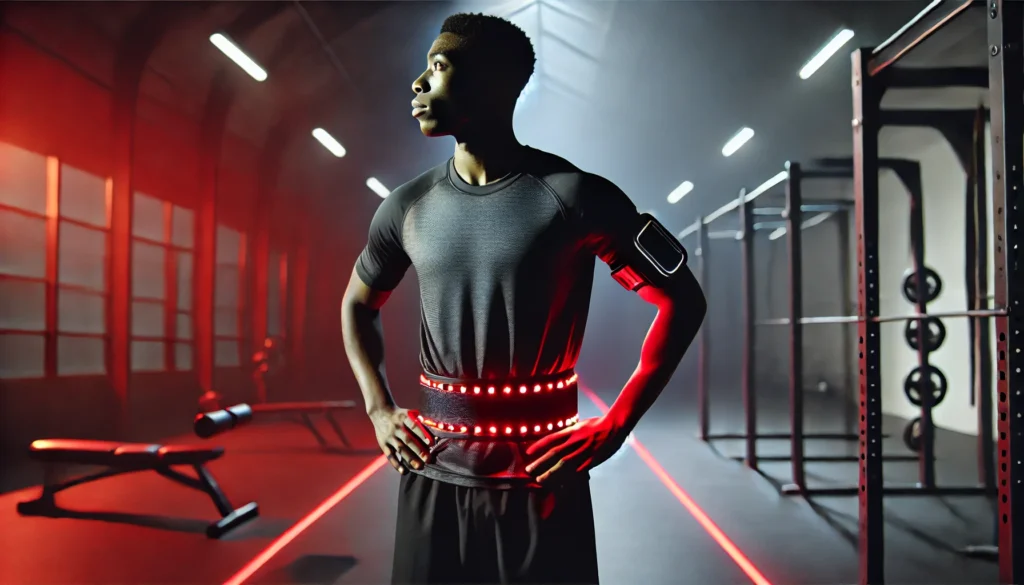 A professional athlete performing post-workout stretches while wearing a red light therapy belt, emitting a soft glow that highlights its role in muscle recovery and regeneration.

