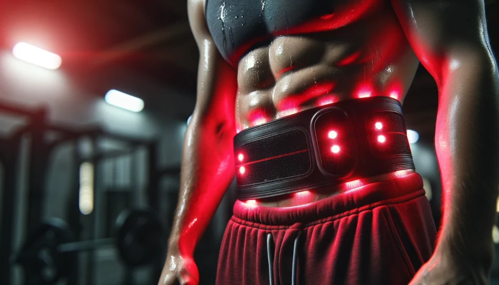 A close-up view of a red light therapy belt wrapped around an athlete’s midsection, glowing red against a high-performance training facility backdrop, emphasizing fat loss and muscle repair.