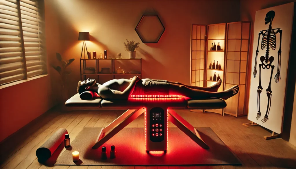 A peaceful wellness recovery room where an athlete reclines on a therapy table, using a red light therapy belt surrounded by relaxation elements, reinforcing weight loss and self-care benefits.