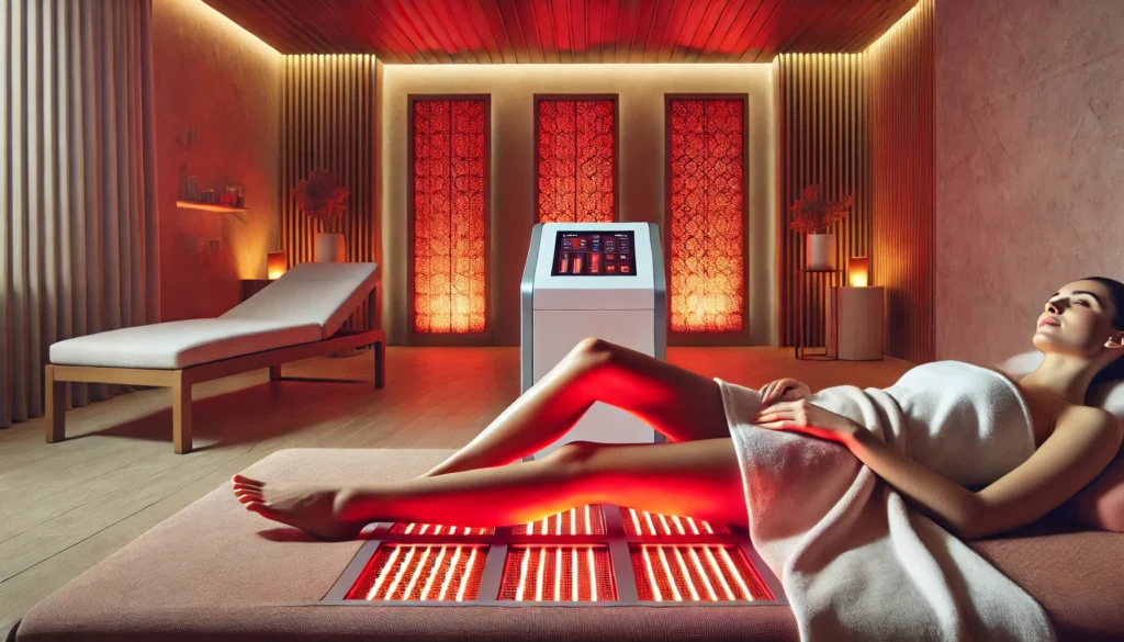  A modern spa environment where a person is lying down, receiving red light therapy. The soothing red light panels target the legs, promoting cellulite reduction, improved skin elasticity, and overall relaxation in a luxurious wellness setting.
