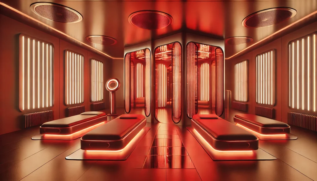 A futuristic wellness room illuminated with advanced red light therapy panels. The warm and inviting atmosphere emphasizes relaxation, muscle recovery, and the benefits of non-invasive therapy in a modern setting